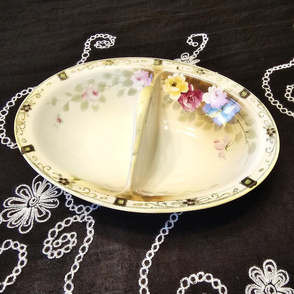 Vintage Nippon Porcelain Hand Painted Floral Relish Dish